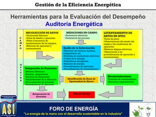 Herramientas para la Evaluación del Desempeño
Auditoría Energética
MEDICIONES EN CAMPO
•Parámetros eléctricos
•Parámetros del proceso
RECOLECCIÓN DE DATOS
•Facturación Eléctrica
•Datos de diseño y operación
•Edad y frecuencia de
mantenimiento de los equipos.
•Bitácoras de operación y
mantenimiento Anális de la Información
•Eficiencia de motores, bombas,
compresores, etc.
•Pérdidas en conductores eléctricos
•Costos de la energía
•Indicadores energéticos
•Balances de energía.
•Procedimientos de operación
•Procedimientos de mantenimiento
Identificación de Áreas de
Oportunidad de Ahorro
Integración de Proyectos
:Motores Eléctricos
•Bombas, compresores
•Sistemas de iluminación
•Administración de la demanda
•Automatización de procesos
•Procedimientos de operación
Recomendaciones
•Prácticas de mantenimiento
•Estructura organizacional
Anteproyecto de
Inversión
Plan de Acción
C
A
M
P
O
O
F
I
C
I
N
A
LEVANTAMIENTO DE
DATOS EN SITIO
•Datos de placa
•Observaciones del estado del
equipo y las condiciones de
operación.
•Elaborar diágras eléctricos
•Observación a los
procedimientos de operación y
mantenimiento
FORO DE ENERGÍA
“La energía de la mano con el desarrollo sustentable en la industria”
Gestión de la Eficiencia Energética
 