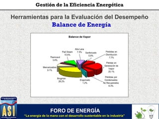 Herramientas para la Evaluación del Desempeño
Balance de Energía
Balance de Vapor
Brugman
28.2%
Mercerizadora
9.1%
Pérdidas por
Condensados
No Recuperados
6.3%
Péridas en
Generación de
Vapor
25.1%
Thermosol
3.6%
Pad Steam
10.6%
Alta Lana
7.5% Sanforizado
0.8%
Pérdidas en
Distribución
7.7%
Engomado
1.2%
FORO DE ENERGÍA
“La energía de la mano con el desarrollo sustentable en la industria”
Gestión de la Eficiencia Energética
 