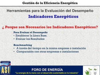 Herramientas para la Evaluación del Desempeño
Indicadores Energéticos
Para Evaluar el Desempeño
• Establecer la Línea Base.
• Evaluar los Resultados
Benchmarking
• A través del tiempo en la misma empresa o instalación
• Comparasión con otras empresas o instalaciones
¿ Porque son Necesarios los Indicadores Energéticos?
FORO DE ENERGÍA
“La energía de la mano con el desarrollo sustentable en la industria”
Gestión de la Eficiencia Energética
 