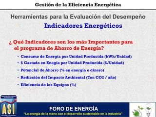 Herramientas para la Evaluación del Desempeño
Indicadores Energéticos
• Consumo de Energía por Unidad Producida (kWh/Unidad)
¿ Qué Indicadores son los más Importantes para
el programa de Ahorro de Energía?
• $ Gastado en Enegía por Unidad Producida ($/Unidad)
• Potencial de Ahorro (% en energía o dinero)
• Redicción del Impacto Ambiental (Ton CO2 / año)
• Eficiencia de los Equipos (%)
FORO DE ENERGÍA
“La energía de la mano con el desarrollo sustentable en la industria”
Gestión de la Eficiencia Energética
 