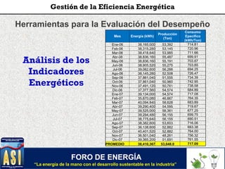 Herramientas para la Evaluación del Desempeño
Análisis de los
Indicadores
Energéticos
Mes Energía (kWh)
Producción
(Ton)
Consumo
Epecífico
(kWh/Ton)
Ene-06 38,165,000 53,392 714.81
Feb-06 38,315,280 53,145 720.96
Mar-06 38,418,640 53,985 711.66
Abr-06 38,836,160 55,487 699.91
May-06 38,836,160 55,191 703.67
Jun-06 38,905,520 55,275 703.85
Jul-06 39,062,600 56,266 694.25
Ago-06 38,145,280 52,508 726.47
Sep-06 37,861,040 51,555 734.39
Oct-06 37,861,040 50,960 742.95
Nov-06 37,491,120 50,761 738.58
Dic-06 37,377,560 54,574 684.89
Ene-07 39,134,000 54,574 717.08
Feb-07 35,670,080 46,667 764.35
Mar-07 40,094,840 58,628 683.89
Abr-07 39,290,400 54,595 719.67
May-07 39,525,000 58,361 677.25
Jun-07 39,294,480 56,155 699.75
Jul-07 38,775,640 56,155 690.51
Ago-07 38,382,600 53,603 716.06
Sep-07 36,138,600 52,882 683.38
Oct-07 40,401,520 52,882 764.00
Nov-07 36,501,040 48,261 756.32
Dic-07 39,365,200 51,691 761.55
PROMEDIO 38,410,367 53,648.0 717.09
FORO DE ENERGÍA
“La energía de la mano con el desarrollo sustentable en la industria”
Gestión de la Eficiencia Energética
 