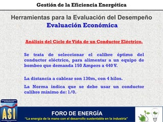 Herramientas para la Evaluación del Desempeño
Evaluación Económica
Análisis del Ciclo deVida de un Conductor Eléctrico.
Se trata de seleccionar el calibre óptimo del
conductor eléctrico, para alimentar a un equipo de
bombeo que demanda 150 Ampers a 440V.
La distancia a cablear son 130m, con 4 hilos.
La Norma indica que se debe usar un conductor
calibre mínimo de: 1/0.
FORO DE ENERGÍA
“La energía de la mano con el desarrollo sustentable en la industria”
Gestión de la Eficiencia Energética
 