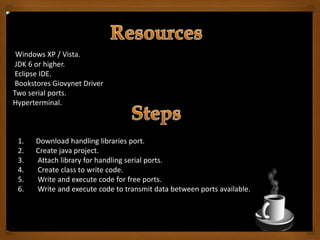 Windows XP / Vista.
JDK 6 or higher.
Eclipse IDE.
Bookstores Giovynet Driver
Two serial ports.
Hyperterminal.
1. Download handling libraries port.
2. Create java project.
3. Attach library for handling serial ports.
4. Create class to write code.
5. Write and execute code for free ports.
6. Write and execute code to transmit data between ports available.
 