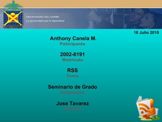 Anthony Canela M. Paticipante 2002-6191 Matricula RSS Tema Seminario de Grado Asignatura Jose Tavarez Profesor 18 Julio 2010 