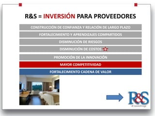 R&S = INVERSIÓN PARA PROVEEDORES
 CONSTRUCCIÓN DE CONFIANZA Y RELACIÓN DE LARGO PLAZO
     FORTALECIMIENTO Y APRENDIZAJES COMPARTIDOS
               DISMINUCIÓN DE RIESGOS
               DISMINUCIÓN DE COSTOS

            PROMOCIÓN DE LA INNOVACIÓN
               MAYOR COMPETITIVIDAD
          FORTALECIMIENTO CADENA DE VALOR
 