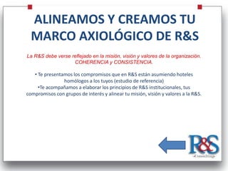 ALINEAMOS Y CREAMOS TU
  MARCO AXIOLÓGICO DE R&S
La R&S debe verse reflejado en la misión, visión y valores de la organización.
                   COHERENCIA y CONSISTENCIA.

   • Te presentamos los compromisos que en R&S están asumiendo hoteles
                homólogos a los tuyos (estudio de referencia)
     •Te acompañamos a elaborar los principios de R&S institucionales, tus
compromisos con grupos de interés y alinear tu misión, visión y valores a la R&S.
 