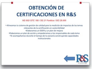 OBTENCIÓN DE
            CERTIFICACIONES EN R&S
                  NS 002/ GTC 180 / SG 21 Forética / ISO 26.000

• Alineamos tu sistema de gestión de calidad para la medición de impactos de los temas
                     relevantes de la certificación en sostenibilidad
                       •Elaboramos un DOFA y un plan de mejora
    •Elaboramos un plan de acción y empoderamos a los responsables de cada tema
      •Te acompañamos durante el tiempo de la asesoría construyendo capacidades
                                     institucionales
 