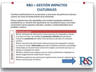 R&S = GESTIÓN IMPACTOS
                                                      CULTURALES
Contribuir positivamente a la conservación y promoción del patrimonio natural y
cultural, así como al mantenimiento de la diversidad.

Ofrecer experiencias más agradables a los turistas-huéspedes mediante la
posibilidad de un contacto más significativo con la población local y una mayor
comprensión de los aspectos culturales, sociales y medioambientales de la
localidad o destino.

                                  Patrimonio cultural
                                  % de elementos de información institucional para los huéspedes y clientes
Ejemplos indicadores de gestión




                                  en el que se incluya las medidas de protección y difusión del patrimonio
                                  cultural y la prevención del tráfico ilícito de bienes culturales en el destino
                                  turístico
                                  % de elementos de información institucional para los huéspedes y clientes
                                  en el que se incluya información acerca de los distintos atractivos y actividades
                                  relacionadas con el patrimonio cultural de la región y promoción para que sus
                                  clientes y huéspedes los visiten
                                  Política, prácticas que aseguren que los medios publicitarios empleados no
                                  afecten negativamente el patrimonio cultural
                                  Políticas y prácticas que promuevan la gastronomía nacional o regional en los
                                  bienes y servicios que se ofrecen
 
