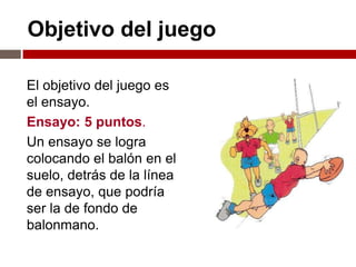 Objetivo del juego

El objetivo del juego es
el ensayo.
Ensayo: 5 puntos.
Un ensayo se logra
colocando el balón en el
suelo, detrás de la línea
de ensayo, que podría
ser la de fondo de
balonmano.
 