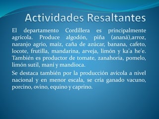 El departamento Cordillera es principalmente
agrícola. Produce algodón, piña (ananá),arroz,
naranjo agrio, maíz, caña de azúcar, banana, cafeto,
locote, frutilla, mandarina, arveja, limón y ka'a he'e.
También es productor de tomate, zanahoria, pomelo,
limón sutil, maní y mandioca.
Se destaca también por la producción avícola a nivel
nacional y en menor escala, se cría ganado vacuno,
porcino, ovino, equino y caprino.
 
