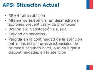 APS: Situación Actual

• RRHH: alta rotación
• Altamente asistencial en desmedro de
  acciones preventivas y de promoción
• Brecha en: Satisfacción usuaria
• Calidad de servicios.
• Perdida en la continuidad de la atención
  entre las estructuras asistenciales de
  primer y segundo nivel, que da lugar a
  discontinuidades en la atención
 