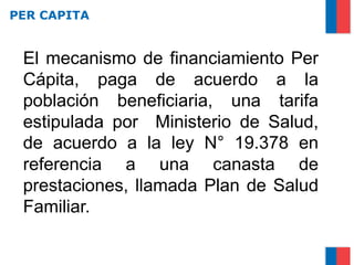 PER CAPITA


 El mecanismo de financiamiento Per
 Cápita, paga de acuerdo a la
 población beneficiaria, una tarifa
 estipulada por Ministerio de Salud,
 de acuerdo a la ley N° 19.378 en
 referencia a una canasta de
 prestaciones, llamada Plan de Salud
 Familiar.
 