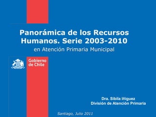 Panorámica de los Recursos
Humanos. Serie 2003-2010
   en Atención Primaria Municipal




                                   Dra. Sibila Iñiguez
                             División de Atención Primaria

           Santiago, Julio 2011
 