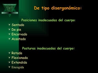 De tipo disergonómico: Posiciones inadecuadas del cuerpo : Sentado De pie Encorvado Acostado Posturas inadecuadas del cuerpo: Rotada Flexionada Extendida Encogida 