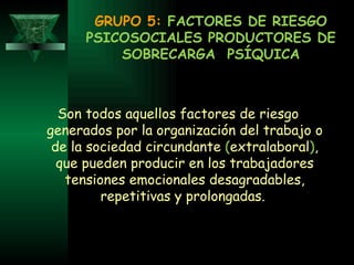 GRUPO 5:  FACTORES DE RIESGO PSICOSOCIALES PRODUCTORES DE SOBRECARGA  PSÍQUICA Son todos aquellos factores de riesgo generados por la organización del trabajo o de la sociedad circundante  ( extralaboral ) , que pueden producir en los trabajadores tensiones emocionales desagradables, repetitivas y prolongadas.  