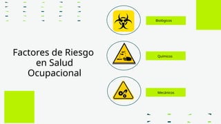 Biológicos
Mecánicos
Químicos
Factores de Riesgo
en Salud
Ocupacional
 