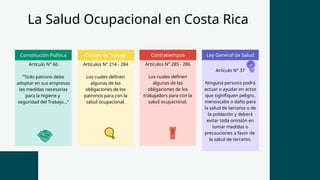 La Salud Ocupacional en Costa Rica
Artículo N° 66
“Todo patrono debe
adoptar en sus empresas
las medidas necesarias
para la higiene y
seguridad del Trabajo...”
Artículos N° 214 - 284
Los cuales definen
algunas de las
obligaciones de los
patronos para con la
salud ocupacional.
Artículos N° 285 - 286
Los cuales definen
algunas de las
obligaciones de los
trabajadors para con la
salud ocupacional.
Artículo N° 37
Ninguna persona podrá
actuar o ayudar en actos
que signifiquen peligro,
menoscabo o daño para
la salud de terceros o de
la población y deberá
evitar toda omisión en
tomar medidas o
precauciones a favor de
la salud de terceros.
Constitución Política Contratiempos
Código de Trabajo Ley General de Salud
 