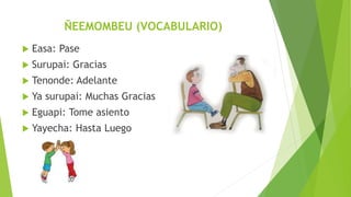ÑEEMOMBEU (VOCABULARIO)
Easa: Pase
Surupai: Gracias
Tenonde: Adelante
Ya surupai: Muchas Gracias
Eguapi: Tome asiento
Yayecha: Hasta Luego