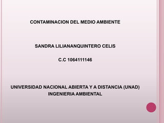 CONTAMINACION DEL MEDIO AMBIENTE

SANDRA LILIANANQUINTERO CELIS
C.C 1064111146

UNIVERSIDAD NACIONAL ABIERTA Y A DISTANCIA (UNAD)
INGENIERIA AMBIENTAL

 