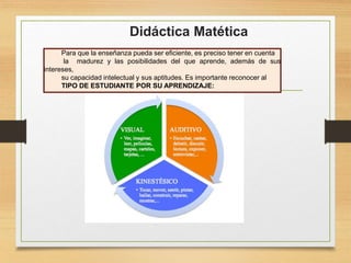 Didáctica Matética
Para que la enseñanza pueda ser eficiente, es preciso tener en cuenta
la madurez y las posibilidades del que aprende, además de sus
intereses,
su capacidad intelectual y sus aptitudes. Es importante reconocer al
TIPO DE ESTUDIANTE POR SU APRENDIZAJE:
 