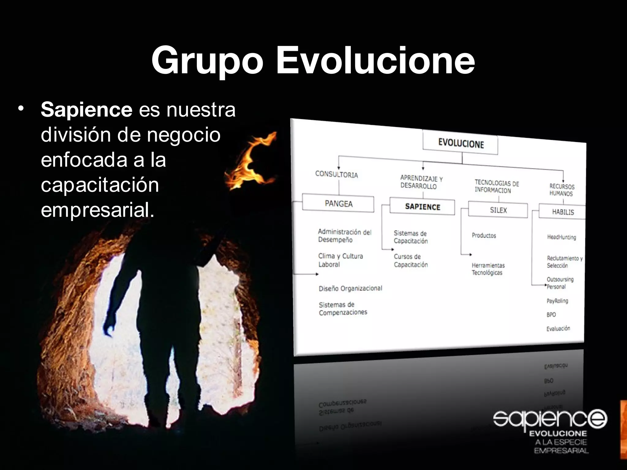 Grupo Evolucione
• Sapience es nuestra
  división de negocio
  enfocada a la
  capacitación
  empresarial.
 