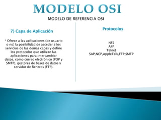MODELO DE REFERENCIA OSI
* Ofrece a las aplicaciones (de usuario
o no) la posibilidad de acceder a los
servicios de las demás capas y define
los protocolos que utilizan las
aplicaciones para intercambiar
datos, como correo electrónico (POP y
SMTP), gestores de bases de datos y
servidor de ficheros (FTP).
NFS
AFP
Telnet
SAP,NCP,AppleTalk,FTP,SMTP
 