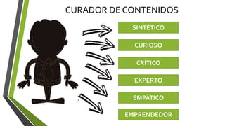 CURADOR DE CONTENIDOS
SINTÉTICO
CURIOSO
CRÍTICO
EXPERTO
EMPÁTICO
EMPRENDEDOR
 