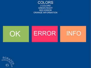 COLORS
3 COLORS
GREEN RIGHT
RED ERROR
ORANGE INFORMATION
OK ERROR INFO
 