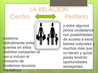 LA RELACIÓN
    Centro          Periferia
                         y entre algunos
                         pocos ciudadanos
                         con posibilidades
trastorna                de acceso a esos
radicalmente entre       bienes culturales y
quienes en sitios        muchos más que
distintos comparten el   no tienen y quizá
uso e incluso el         jamás tendrán
consumo de               oportunidades
modernos recursos        semejantes
mediáticos
 