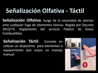 Señalización Olfativa - TáctilSeñalización Olfativa: Surge de la necesidad de olorizar ante cualquier fuga de elementos tóxicos. Regida por Decreto 2913/73. Reglamento del servicio Público de Gases Combustibles.Señalización Táctil:  Consiste en colocar un dispositivo  para elementos o equipamiento que exijan un manejo manual.