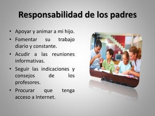 Responsabilidad de los padres
• Apoyar y animar a mi hijo.
• Fomentar su trabajo
diario y constante.
• Acudir a las reuniones
informativas.
• Seguir las indicaciones y
consejos de los
profesores.
• Procurar que tenga
acceso a Internet.
 
