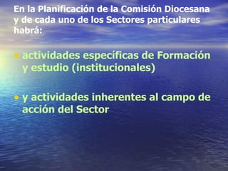 En la Planificación de la Comisión Diocesana y de cada uno de los Sectores particulares habrá: actividades específicas de Formación y estudio (institucionales) y actividades inherentes al campo de acción del Sector 