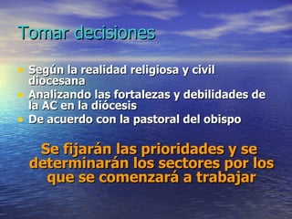 Tomar decisiones Según la realidad religiosa y civil diocesana Analizando las fortalezas y debilidades de la AC en la diócesis De acuerdo con la pastoral del obispo Se fijarán las prioridades y se determinarán los sectores por los que se comenzará a trabajar 
