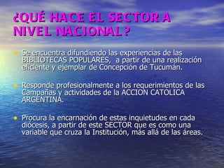 ¿QUÉ HACE EL SECTOR A NIVEL NACIONAL? Se encuentra difundiendo las experiencias de las BIBLIOTECAS POPULARES,  a partir de una realización eficiente y ejemplar de Concepción de Tucumán. Responde profesionalmente a los requerimientos de las Campañas y actividades de la ACCION CATOLICA ARGENTINA. Procura la encarnación de estas inquietudes en cada diócesis, a partir de este SECTOR que es como una variable que cruza la Institución, más allá de las áreas.  