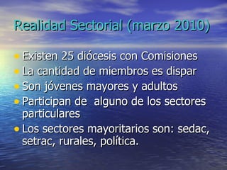 Realidad Sectorial (marzo 2010) Existen 25 diócesis con Comisiones  La cantidad de miembros es dispar Son jóvenes mayores y adultos  Participan de  alguno de los sectores particulares Los sectores mayoritarios son: sedac, setrac, rurales, política. 