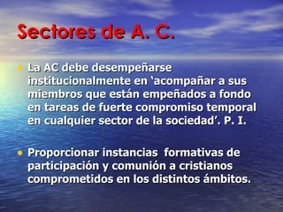 Sectores de A. C. La AC debe desempeñarse institucionalmente en ‘acompañar a sus miembros que están empeñados a fondo en tareas de fuerte compromiso temporal en cualquier sector de la sociedad’. P. I. Proporcionar instancias  formativas de participación y comunión a cristianos comprometidos en los distintos ámbitos.  