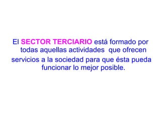 El  SECTOR TERCIARIO  está formado por todas aquellas actividades  que ofrecen servicios a la sociedad para que ésta pueda funcionar lo mejor posible. 