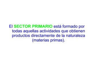El  SECTOR PRIMARIO  está formado por todas aquellas actividades que obtienen productos directamente de la naturaleza (materias primas). 