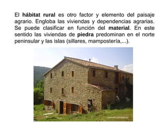 El hábitat rural es otro factor y elemento del paisaje
agrario. Engloba las viviendas y dependencias agrarias.
Se puede clasificar en función del material. En este
sentido las viviendas de piedra predominan en el norte
peninsular y las islas (sillares, mampostería,...).
 