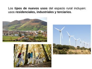 Los tipos de nuevos usos del espacio rural incluyen:
usos residenciales, industriales y terciarios.
 