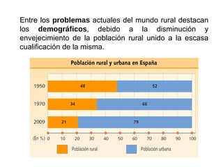 Entre los problemas actuales del mundo rural destacan
los demográficos, debido a la disminución y
envejecimiento de la población rural unido a la escasa
cualificación de la misma.
 