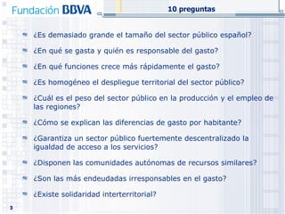 ¿Es demasiado grande el tamaño del sector público español? ¿En qué se gasta y quién es responsable del gasto? ¿En qué funciones crece más rápidamente el gasto? ¿Es homogéneo el despliegue territorial del sector público? ¿Cuál es el peso del sector público en la producción y el empleo de las regiones? ¿Cómo se explican las diferencias de gasto por habitante? ¿Garantiza un sector público fuertemente descentralizado la igualdad de acceso a los servicios? ¿Disponen las comunidades autónomas de recursos similares? ¿Son las más endeudadas irresponsables en el gasto? ¿Existe solidaridad interterritorial? 10 preguntas 