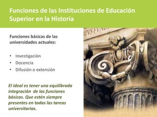 Funciones básicas de las
universidades actuales:
• Investigación
• Docencia
• Difusión o extensión
Funciones de las Instituciones de Educación
Superior en la Historia
El ideal es tener una equilibrada
integración de las funciones
básicas. Que estén siempre
presentes en todas las tareas
universitarias.
 