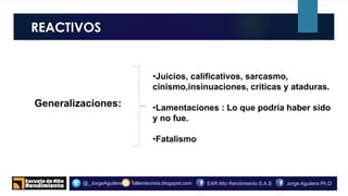REACTIVOS
o.
Tallerdecrisis.blogspot.com@_JorgeAguilera Jorge Aguilera Ph.DEAR Alto Rendimiento S.A.S
Generalizaciones:
•Juicios, calificativos, sarcasmo,
cinismo,insinuaciones, críticas y ataduras.
•Lamentaciones : Lo que podría haber sido
y no fue.
•Fatalismo
 