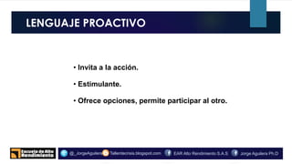 LENGUAJE PROACTIVO
o.
Tallerdecrisis.blogspot.com@_JorgeAguilera Jorge Aguilera Ph.DEAR Alto Rendimiento S.A.S
• Invita a la acción.
• Estimulante.
• Ofrece opciones, permite participar al otro.
 