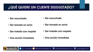 ¿QUÉ QUIERE UN CLIENTE DISGUSTADO?
o.
Tallerdecrisis.blogspot.com@_JorgeAguilera Jorge Aguilera Ph.DEAR Alto Rendimiento S.A.S
• Ser escuchado
• Ser tomado en serio
• Ser tratado con respeto
• Una acción inmediata
• Ser escuchado
• Ser tomado en serio
• Ser tratado con respeto
• Una acción inmediata
 