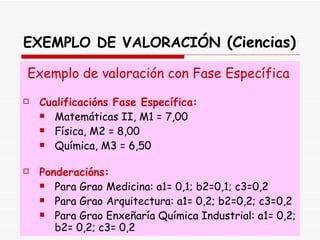 EXEMPLO DE VALORACIÓN  (Ciencias) Exemplo de valoración con Fase Específica   Cualificacións Fase Específica:   Matemáticas II, M1 = 7,00  Física, M2 = 8,00 Química, M3 = 6,50  Ponderacións:   Para Grao Medicina: a1= 0,1; b2=0,1; c3=0,2 Para Grao Arquitectura: a1= 0,2; b2=0,2; c3=0,2 Para Grao Enxeñaría Química Industrial: a1= 0,2; b2= 0,2; c3= 0,2 