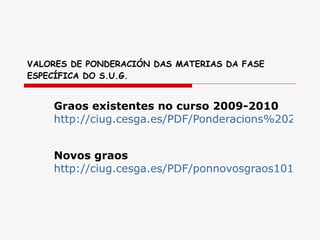 VALORES DE PONDERACIÓN DAS MATERIAS DA FASE ESPECÍFICA DO S.U.G. Graos existentes no curso 2009-2010 http://ciug.cesga.es/PDF/Ponderacions%202009-2010.pdf   Novos graos http://ciug.cesga.es/PDF/ponnovosgraos1011.pdf   