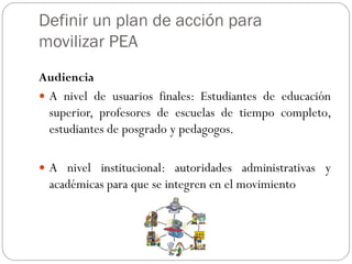 Definir un plan de acción para
movilizar PEA
Audiencia
 A nivel de usuarios finales: Estudiantes de educación
superior, profesores de escuelas de tiempo completo,
estudiantes de posgrado y pedagogos.
 A nivel institucional: autoridades administrativas y
académicas para que se integren en el movimiento
 