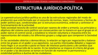 CENTRO DE ESTUDIOS TÉCNICOS Y AVANZADOS DE CHIMALTENANGO
ESTRUCTURA JURÍDICO-POLÍTICA
La superestructura jurídico-política es una de las estructuras regionales del modo de
producción que está formada por el conjunto de normas, leyes, instituciones y formas de
poder político que, condicionadas por la estructura económica, ordenan y controlan el
funcionamiento de la actividad.
Toda sociedad necesita de control social por razones de orden y armonía. Los principios y
objetivos del sistema socio político son consecuentes con la manera en que el grupo en el
poder ejerce el control social, y establece la relación voluntaria o impuesta entre los
representantes del estado y los diferentes grupos y subgrupos que componen la Sociedad
civil.
En las sociedades abiertas y democráticas, la relación se logra por negociación y balance
entre los grupos en el poder y sus opositores. Las partes interesadas debaten y negocian
hasta llegar a un acuerdo o pacto en favor de intereses particulares y de cambios que
promueven el desarrollo de la nación. En las totalitarias se impone el criterio del grupo
en el poder y las decisiones se toman en función de mantener la permanencia y
estabilidad política o ductiva de los ciudadanos.
 